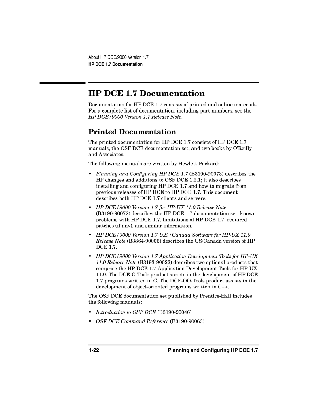 HP UX DCE Software manual HP DCE 1.7 Documentation, Printed Documentation 