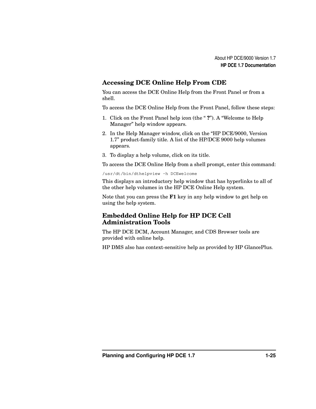 HP UX DCE Software manual Accessing DCE Online Help From CDE, Embedded Online Help for HP DCE Cell Administration Tools 