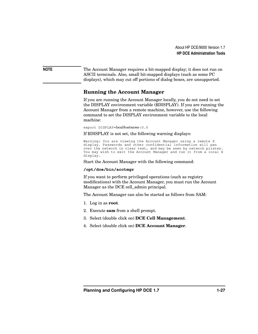 HP UX DCE Software manual Running the Account Manager, If $DISPLAY is not set, the following warning displays 
