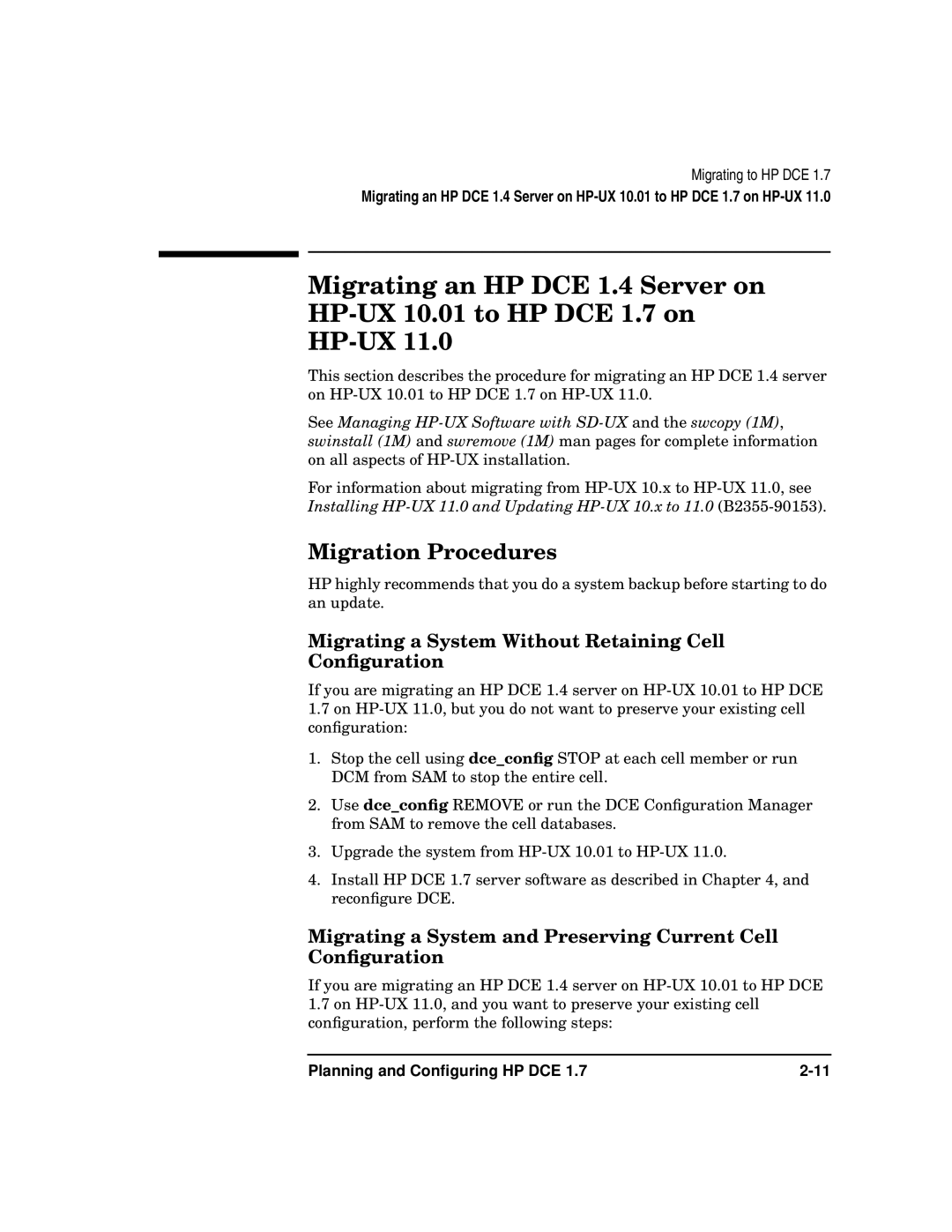 HP UX DCE Software manual Migration Procedures, Migrating a System Without Retaining Cell Conﬁguration 