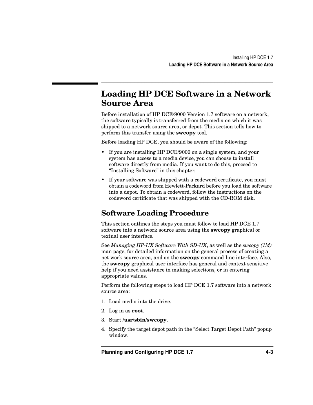 HP UX DCE Software Loading HP DCE Software in a Network Source Area, Software Loading Procedure, Start /usr/sbin/swcopy 