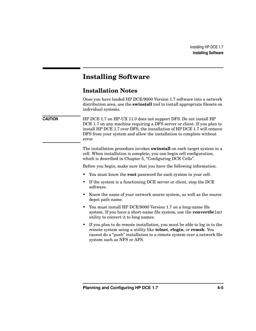 HP UX DCE Software manual Installing Software, Installation Notes 