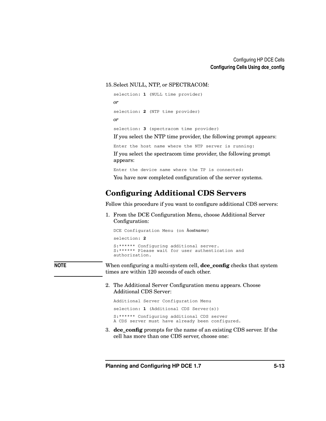 HP UX DCE Software manual Conﬁguring Additional CDS Servers, Select NULL, NTP, or Spectracom 