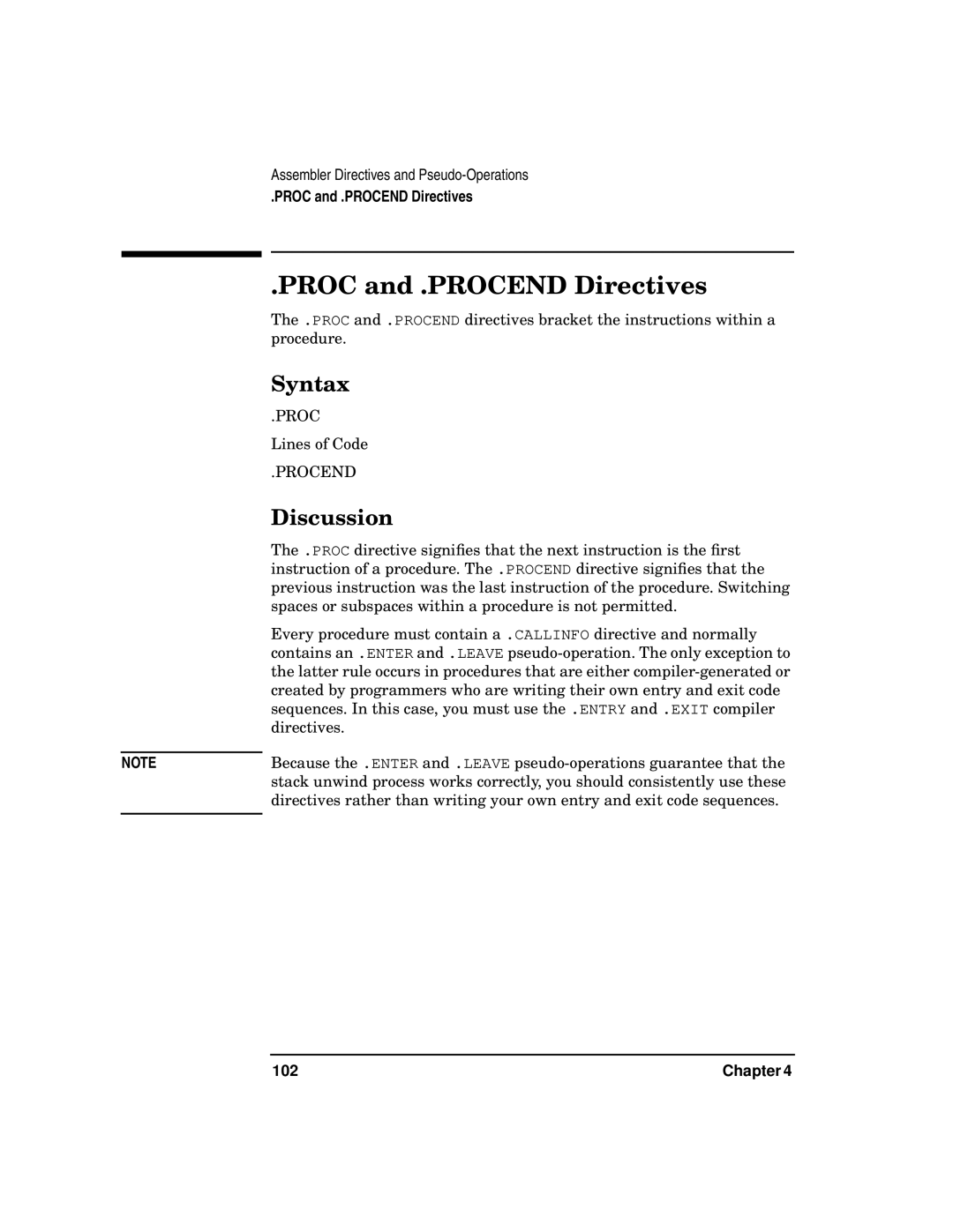 HP UX Developer Tools manual Proc and .PROCEND Directives, 102 