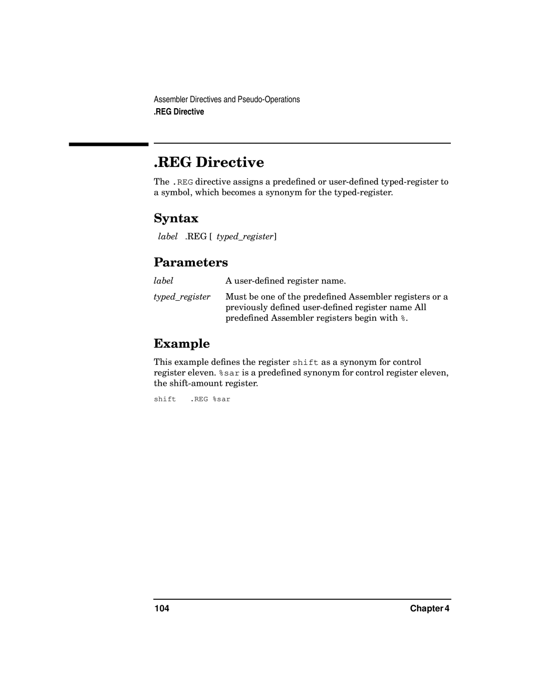 HP UX Developer Tools manual REG Directive, Label .REG typedregister, Label User-deﬁned register name, 104 