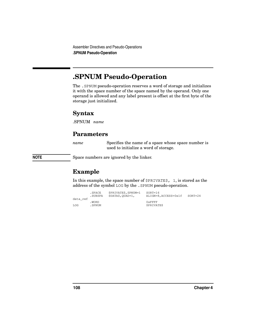 HP UX Developer Tools manual Spnum Pseudo-Operation, 108 