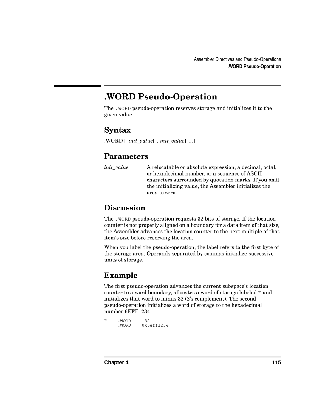 HP UX Developer Tools manual Word Pseudo-Operation, Word initvalue , initvalue 