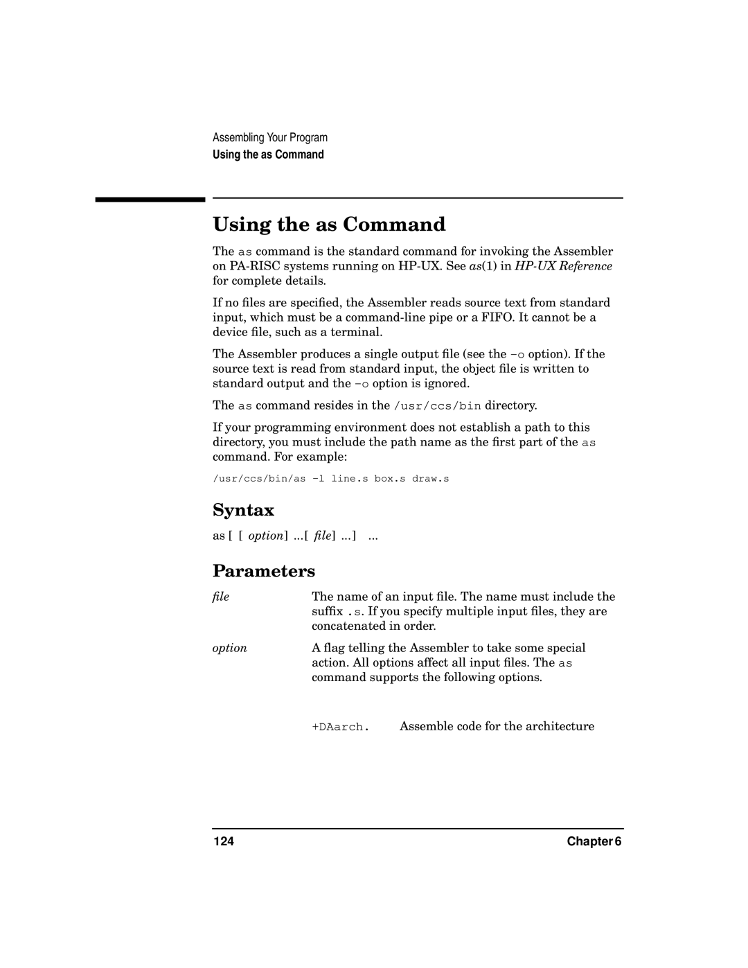 HP UX Developer Tools manual Using the as Command, Assemble code for the architecture, 124 