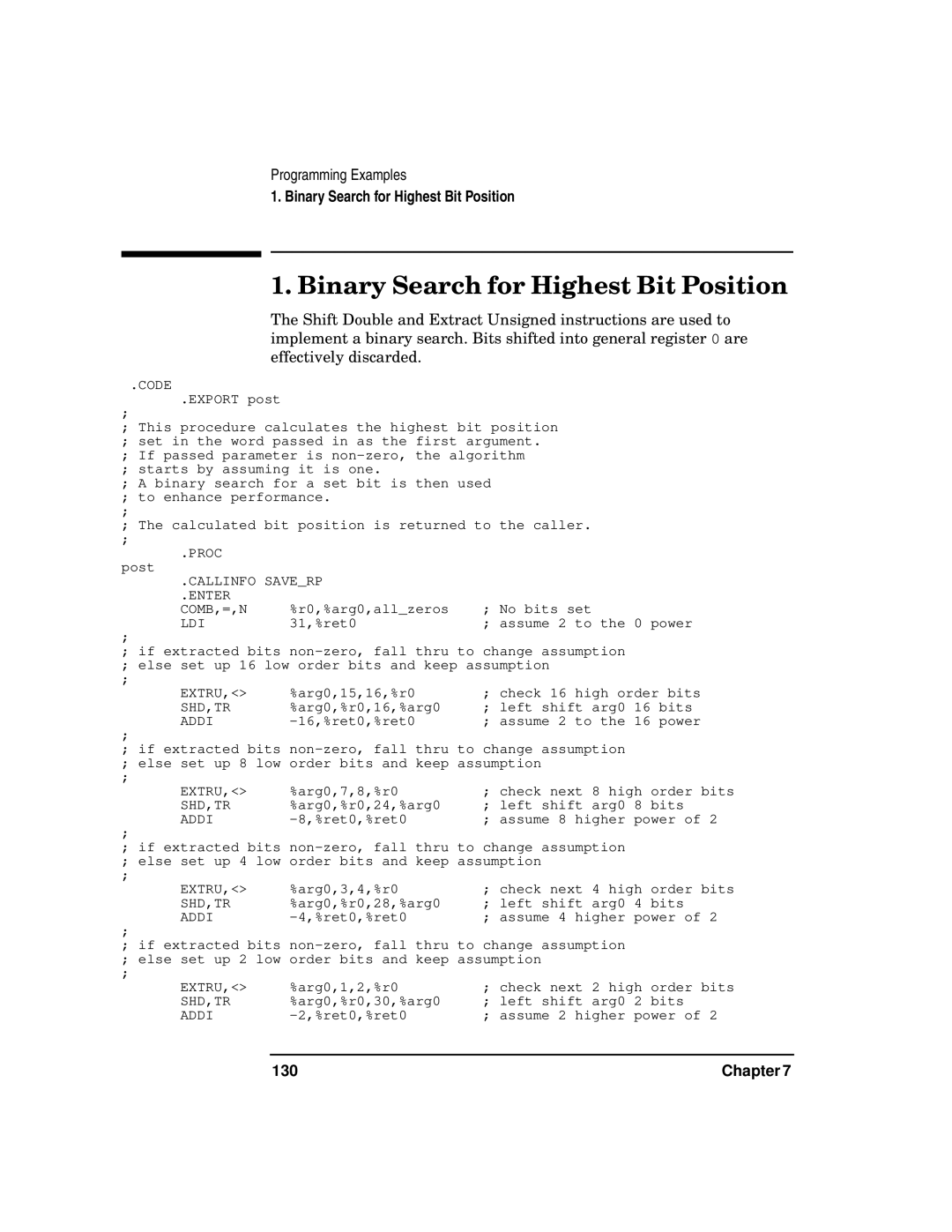 HP UX Developer Tools manual Binary Search for Highest Bit Position, 130 