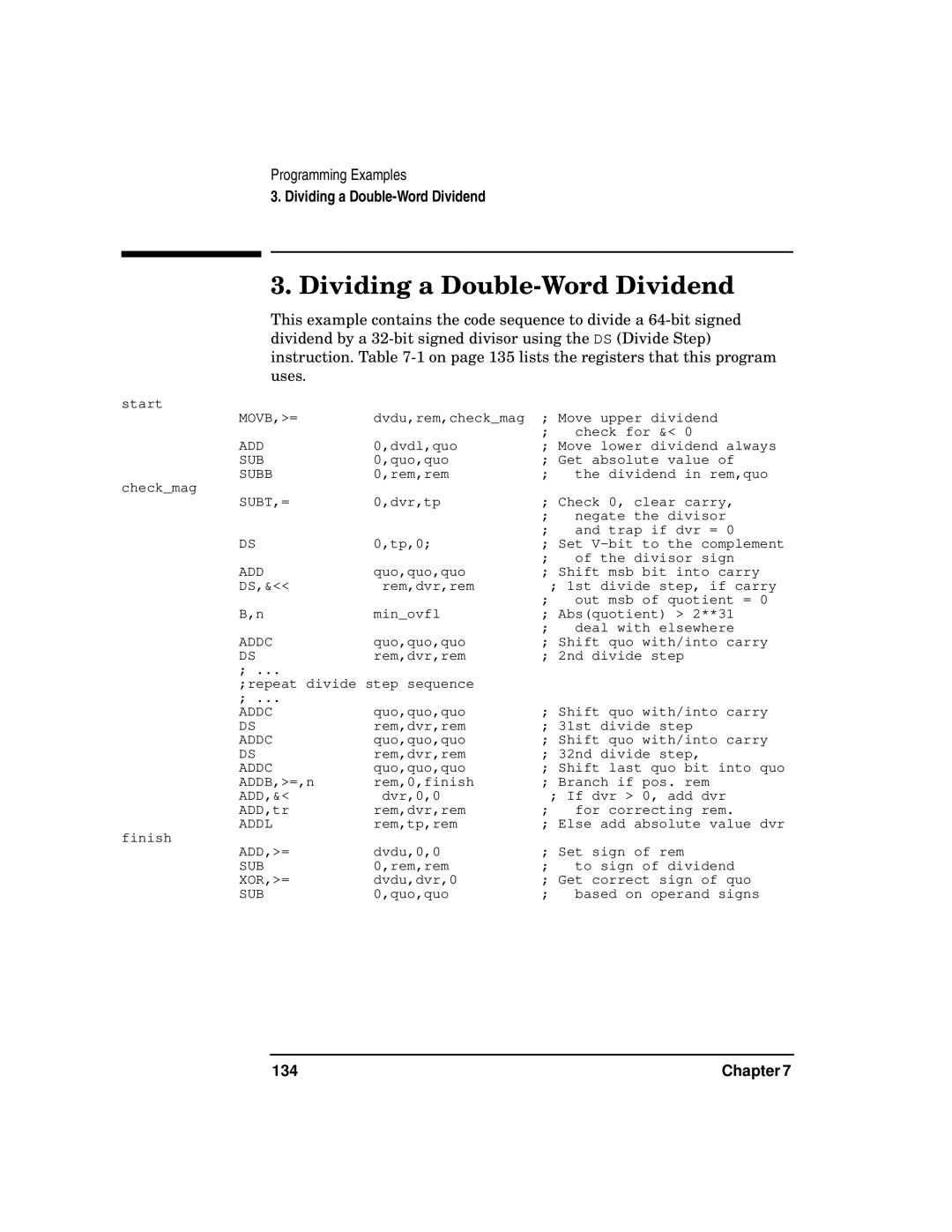 HP UX Developer Tools manual Dividing a Double-Word Dividend, 134 