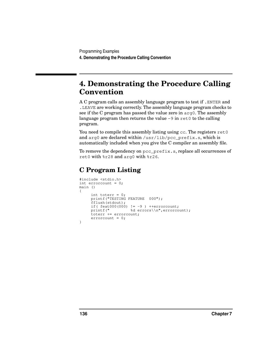 HP UX Developer Tools manual Demonstrating the Procedure Calling Convention, Program Listing, 136 