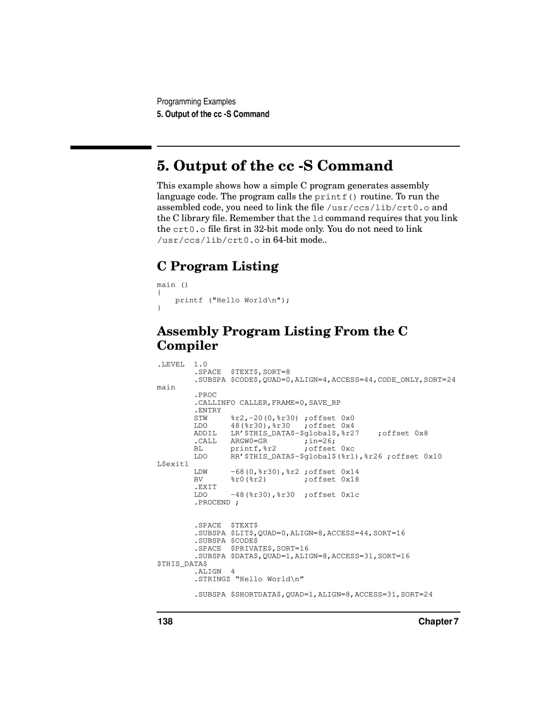 HP UX Developer Tools manual Output of the cc -S Command, Assembly Program Listing From the C Compiler, 138 