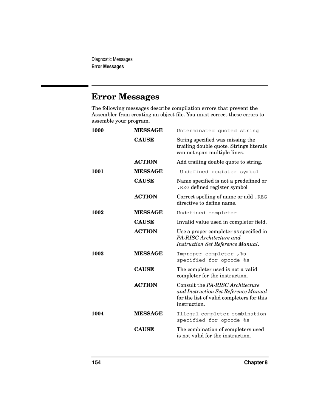 HP UX Developer Tools manual Error Messages, 154 