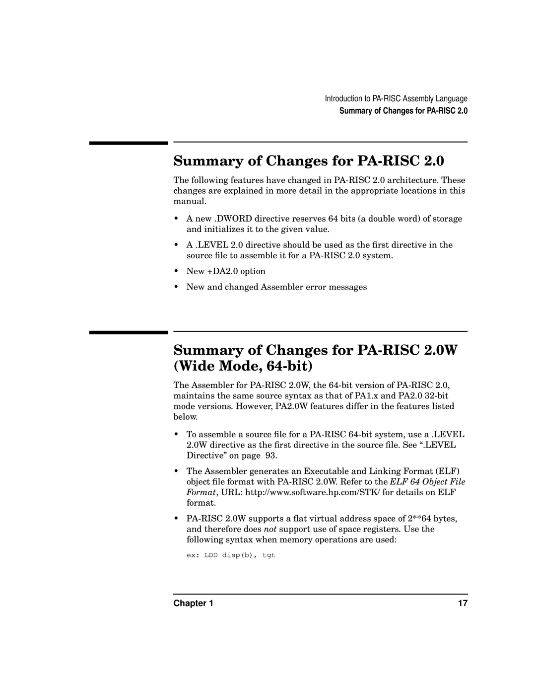 HP UX Developer Tools manual Summary of Changes for PA-RISC 2.0W Wide Mode, 64-bit, Chapter 