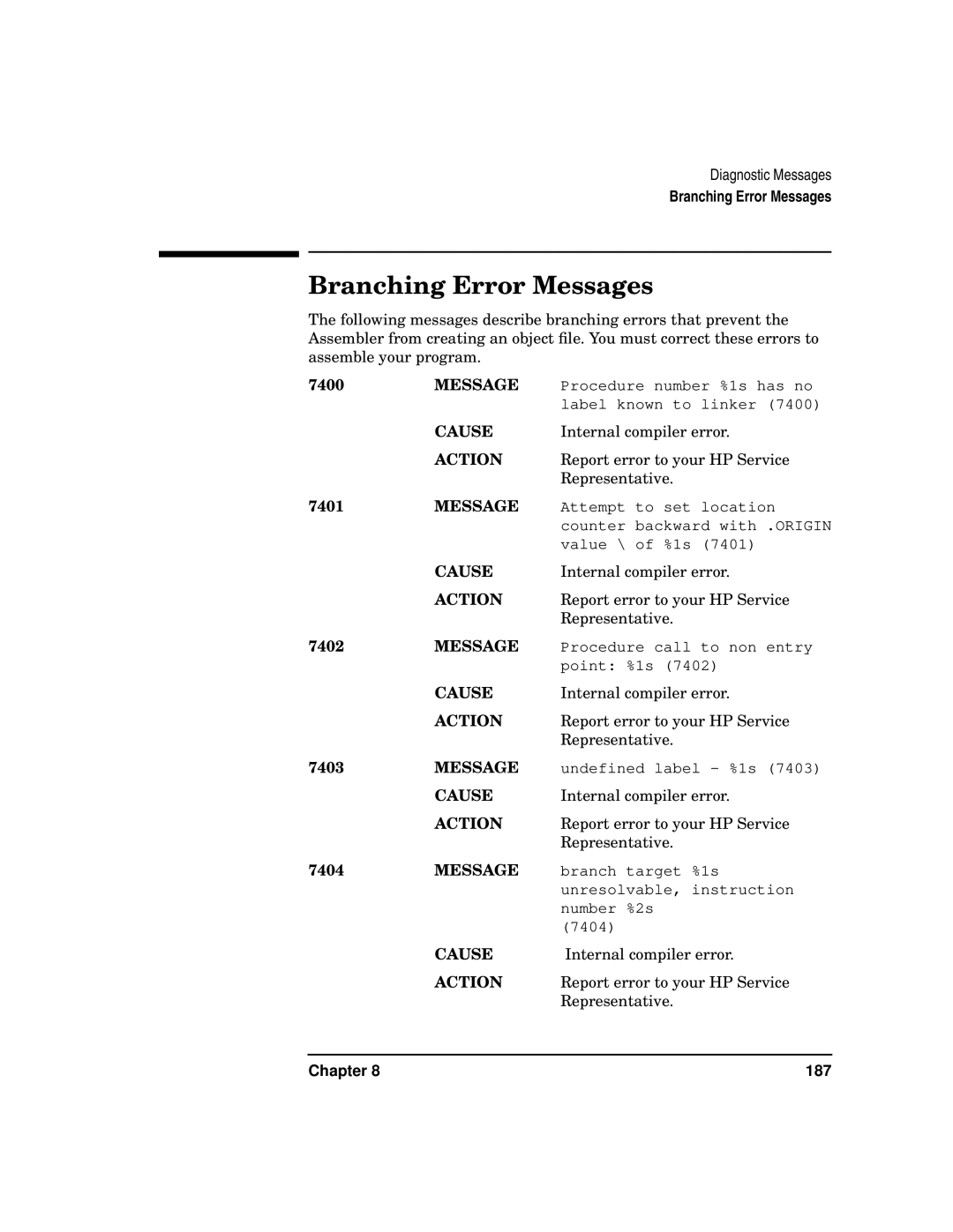 HP UX Developer Tools manual Branching Error Messages 