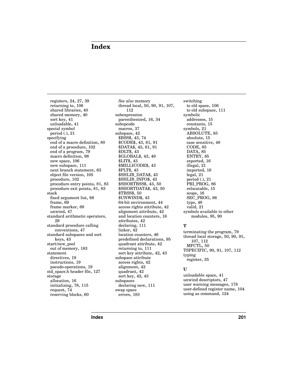 HP UX Developer Tools manual Index 201, See also memory 