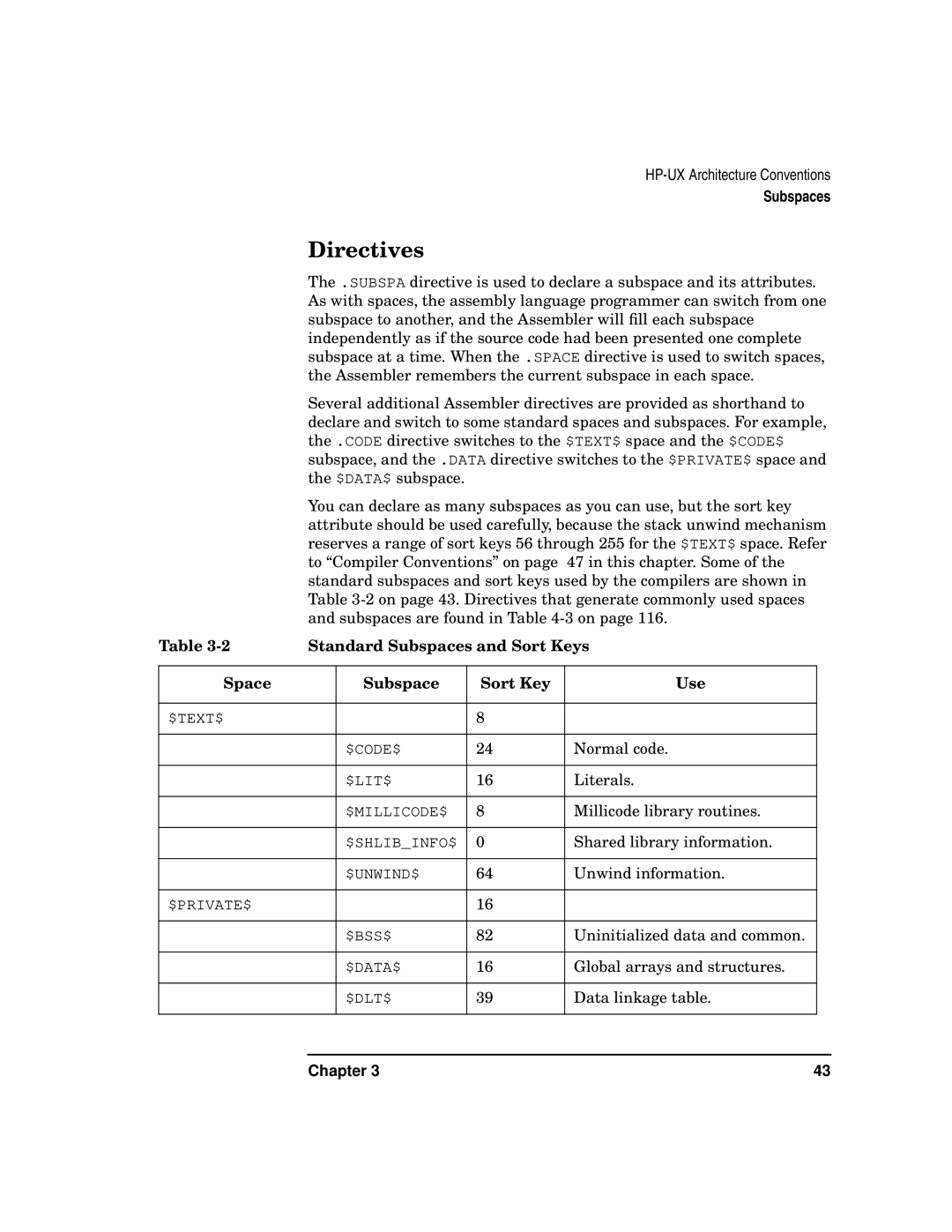 HP UX Developer Tools manual Directives, Standard Subspaces and Sort Keys, Space Subspace Sort Key Use 