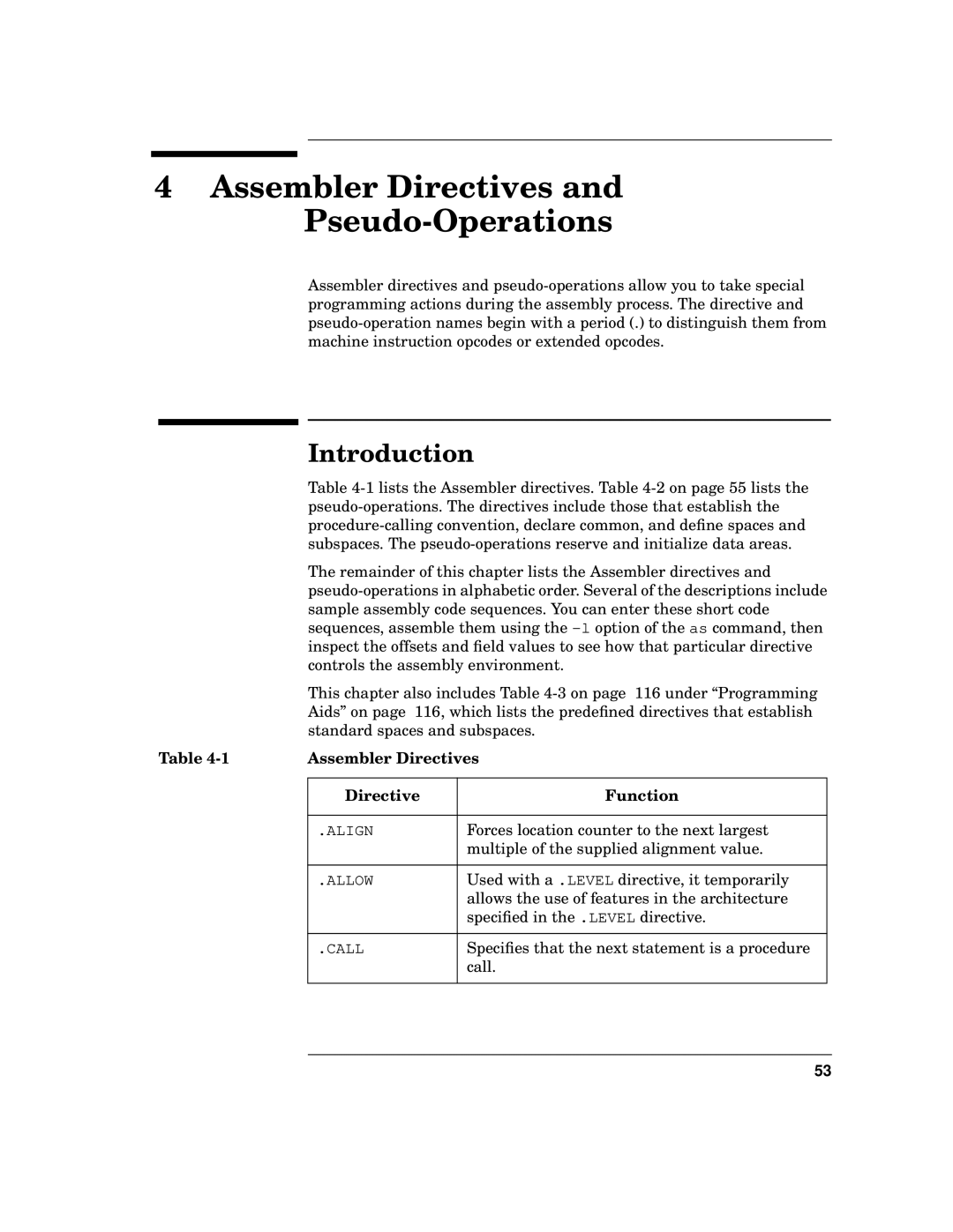 HP UX Developer Tools manual Introduction, Assembler Directives, Directive Function 