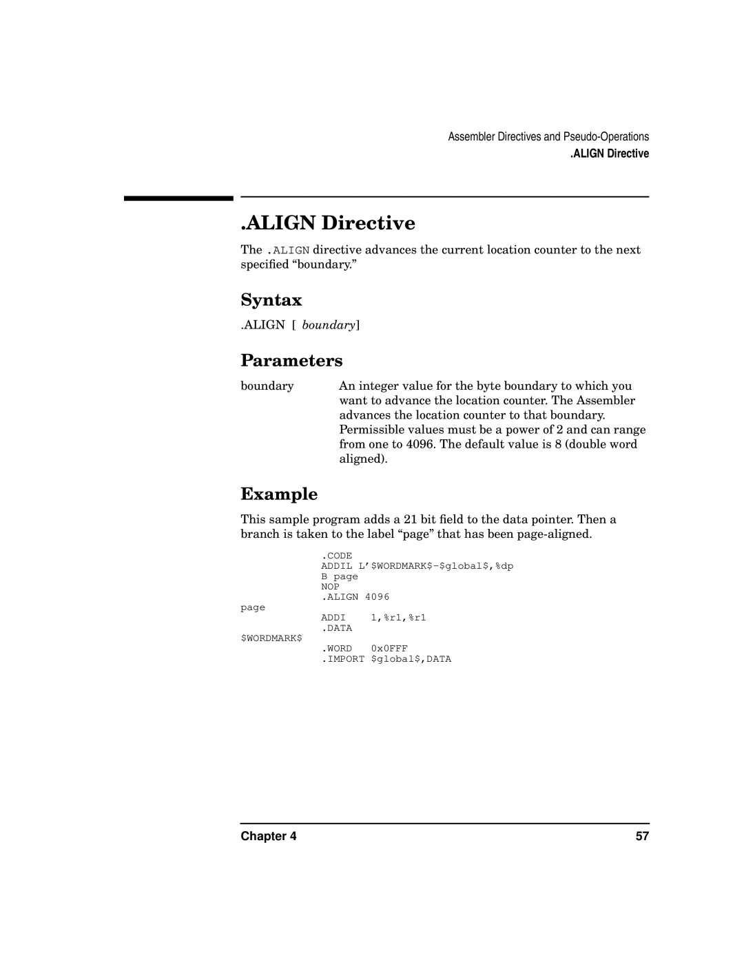 HP UX Developer Tools manual Align Directive, Syntax, Parameters, Example 