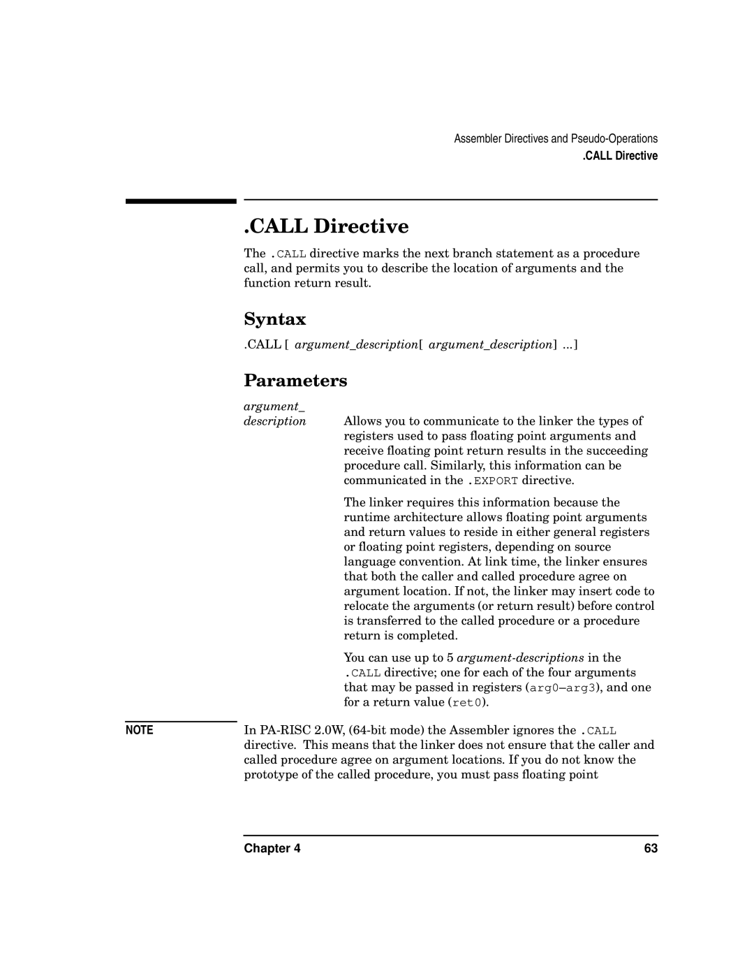 HP UX Developer Tools manual Call Directive, Call argumentdescription argumentdescription 