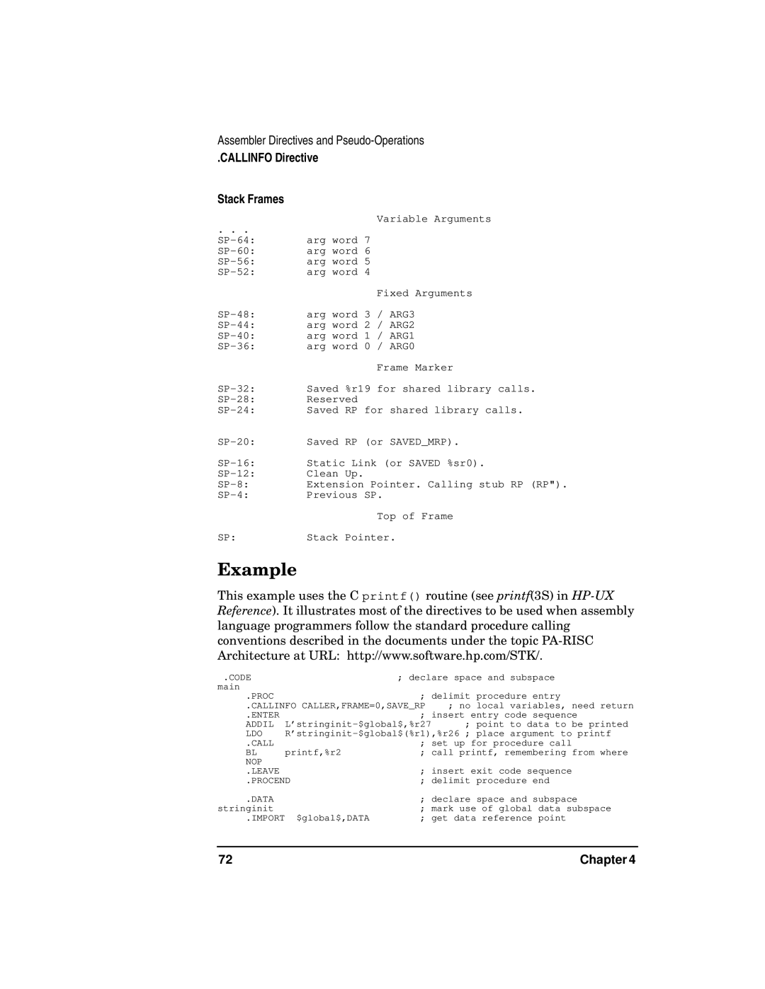 HP UX Developer Tools manual Example, Callinfo Directive Stack Frames 