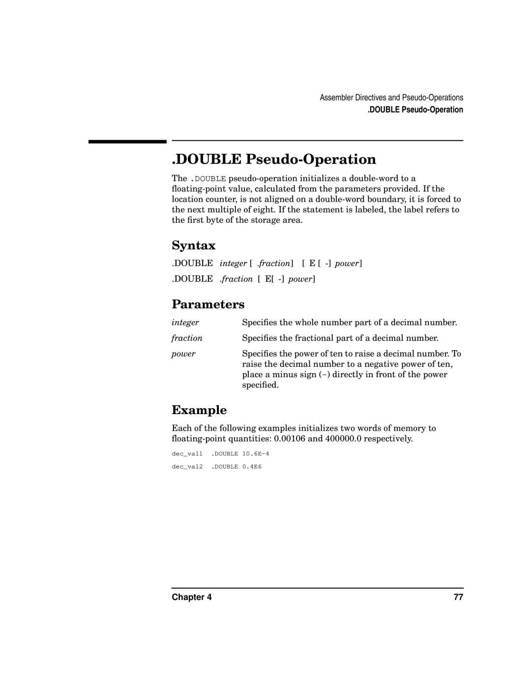 HP UX Developer Tools manual Double Pseudo-Operation, Integer .fraction E power, Fraction E power 