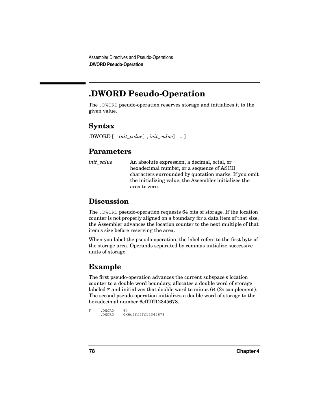 HP UX Developer Tools manual Dword Pseudo-Operation, Dword initvalue , initvalue 