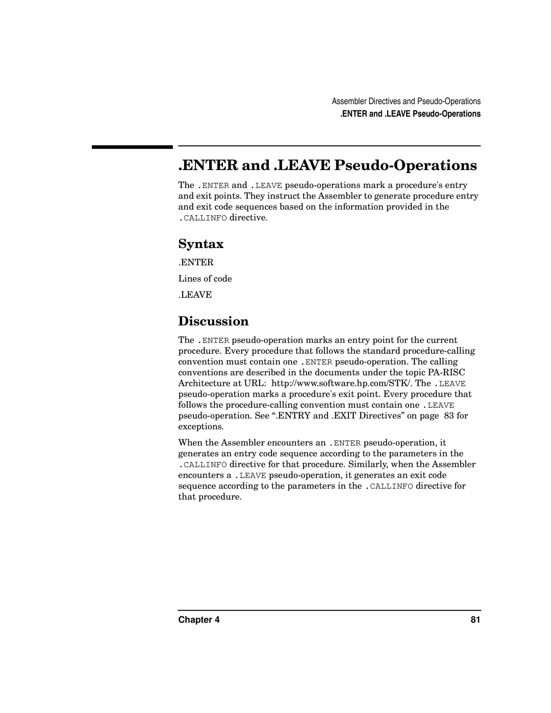 HP UX Developer Tools manual Enter and .LEAVE Pseudo-Operations 