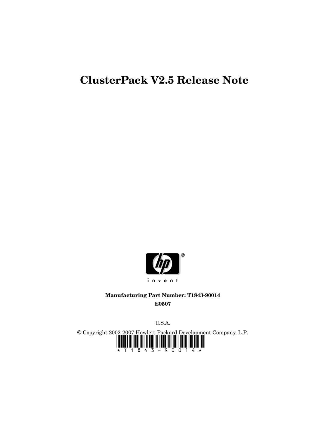 HP UX Developer Tools manual ClusterPack V2.5 Release Note, Manufacturing Part Number T1843-90014 E0507 