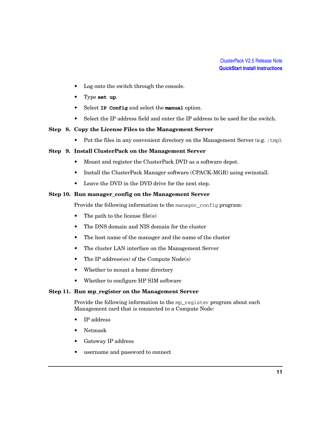 HP UX Developer Tools manual Copy the License Files to the Management Server, Install ClusterPack on the Management Server 