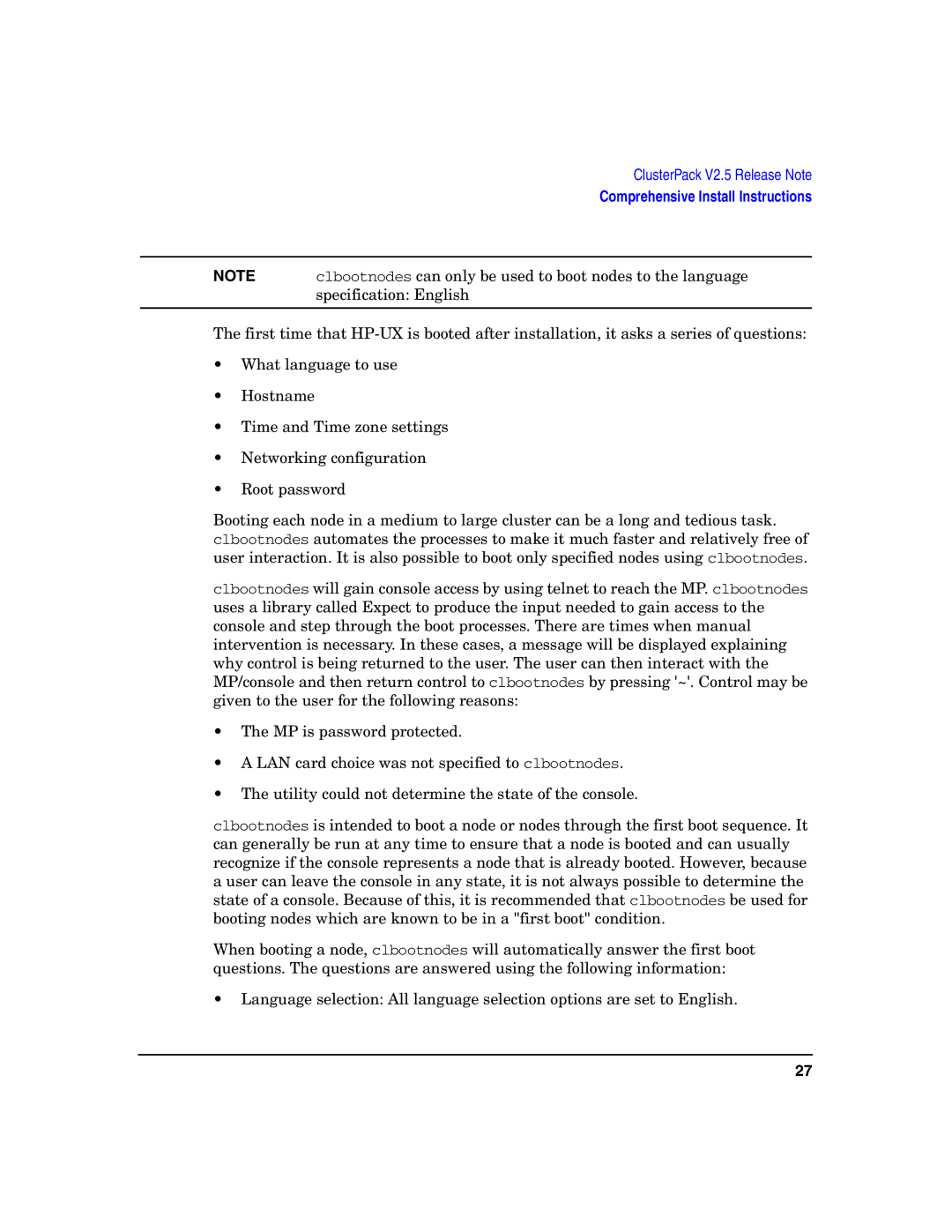 HP UX Developer Tools manual Clbootnodes can only be used to boot nodes to the language 