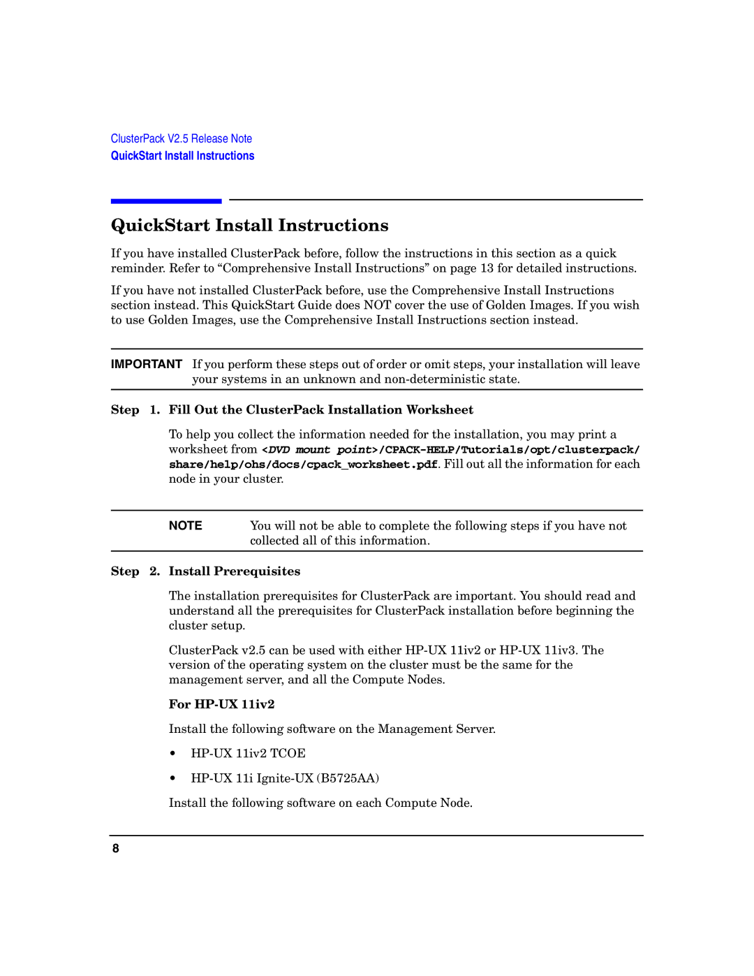 HP UX Developer Tools manual QuickStart Install Instructions, Fill Out the ClusterPack Installation Worksheet, For HP-UX 