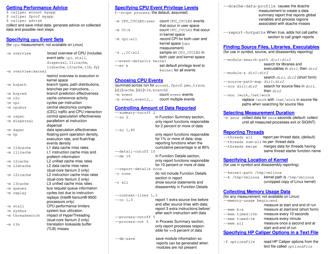 HP UX Developer Tools manual Getting Performance Advice, Specifying cpu Event Sets, Specifying CPU Event Privilege Levels 