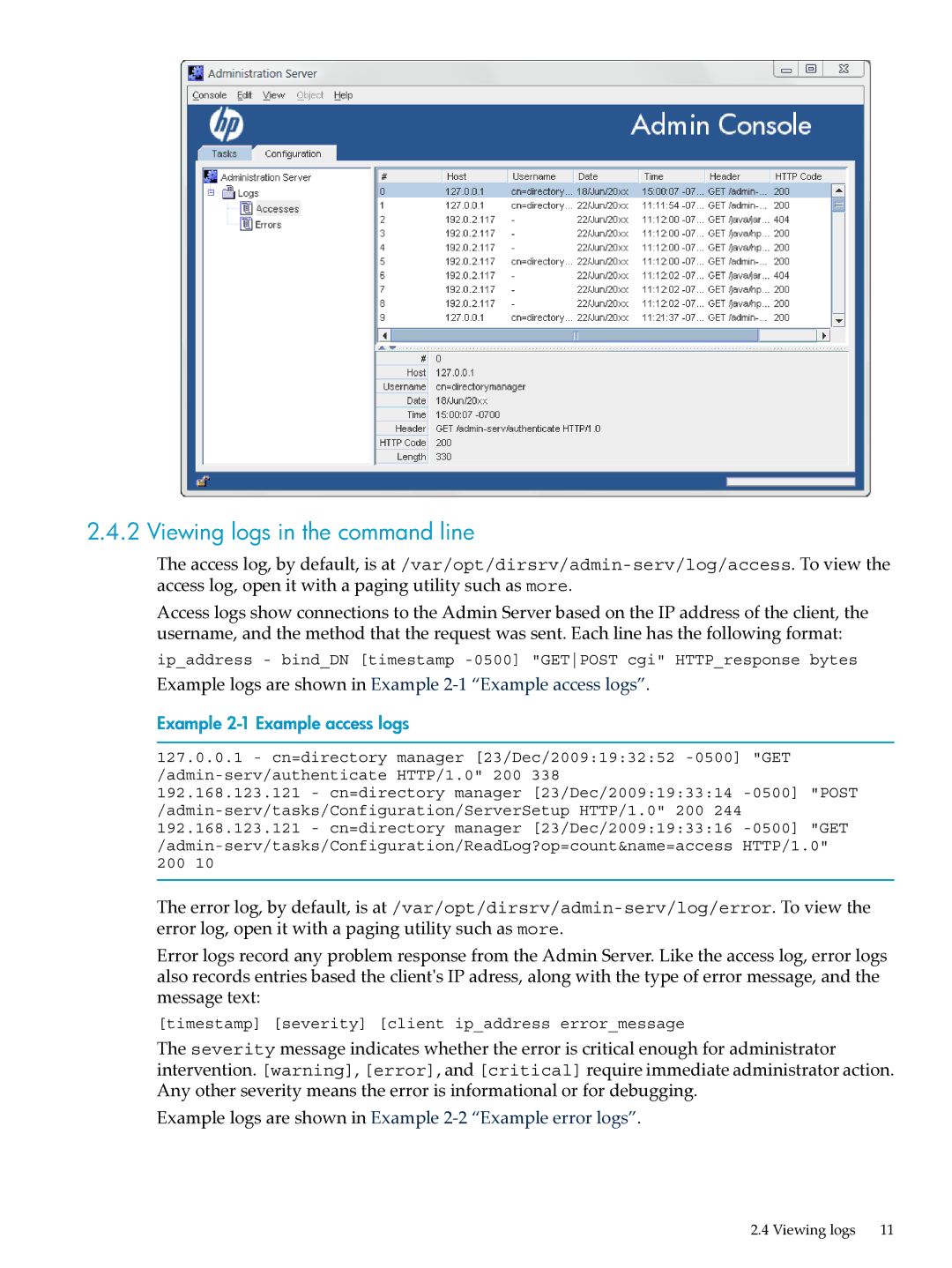 HP UX Direry Server manual Viewing logs in the command line, Example logs are shown in Example 2-1 Example access logs 