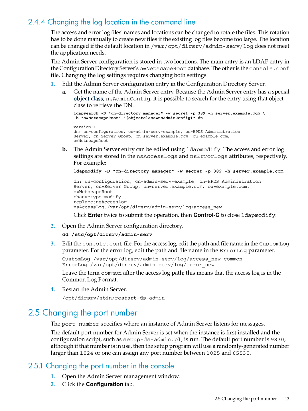 HP UX Direry Server manual Changing the port number, Changing the log location in the command line 