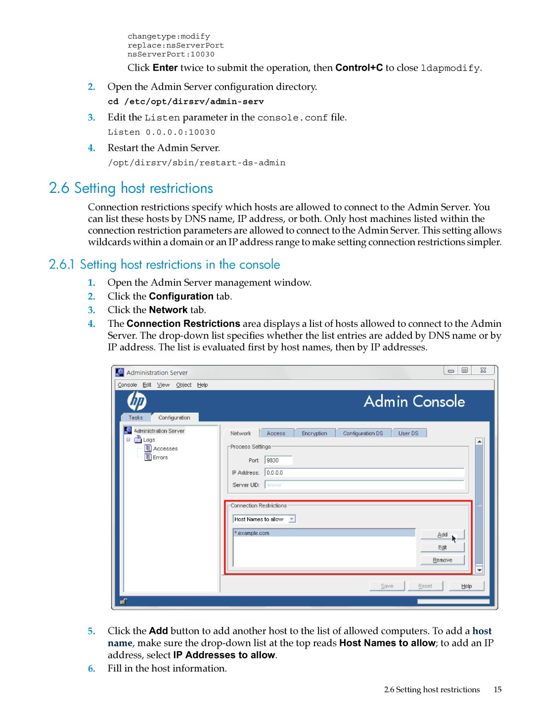 HP UX Direry Server manual Setting host restrictions in the console 