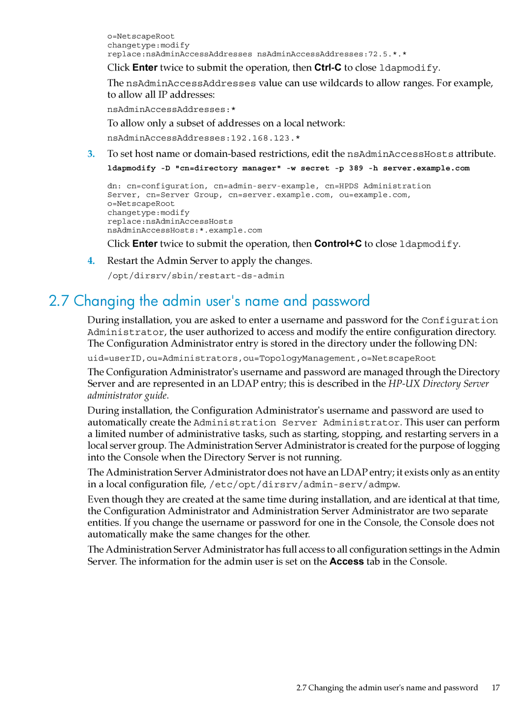 HP UX Direry Server manual Changing the admin users name and password 