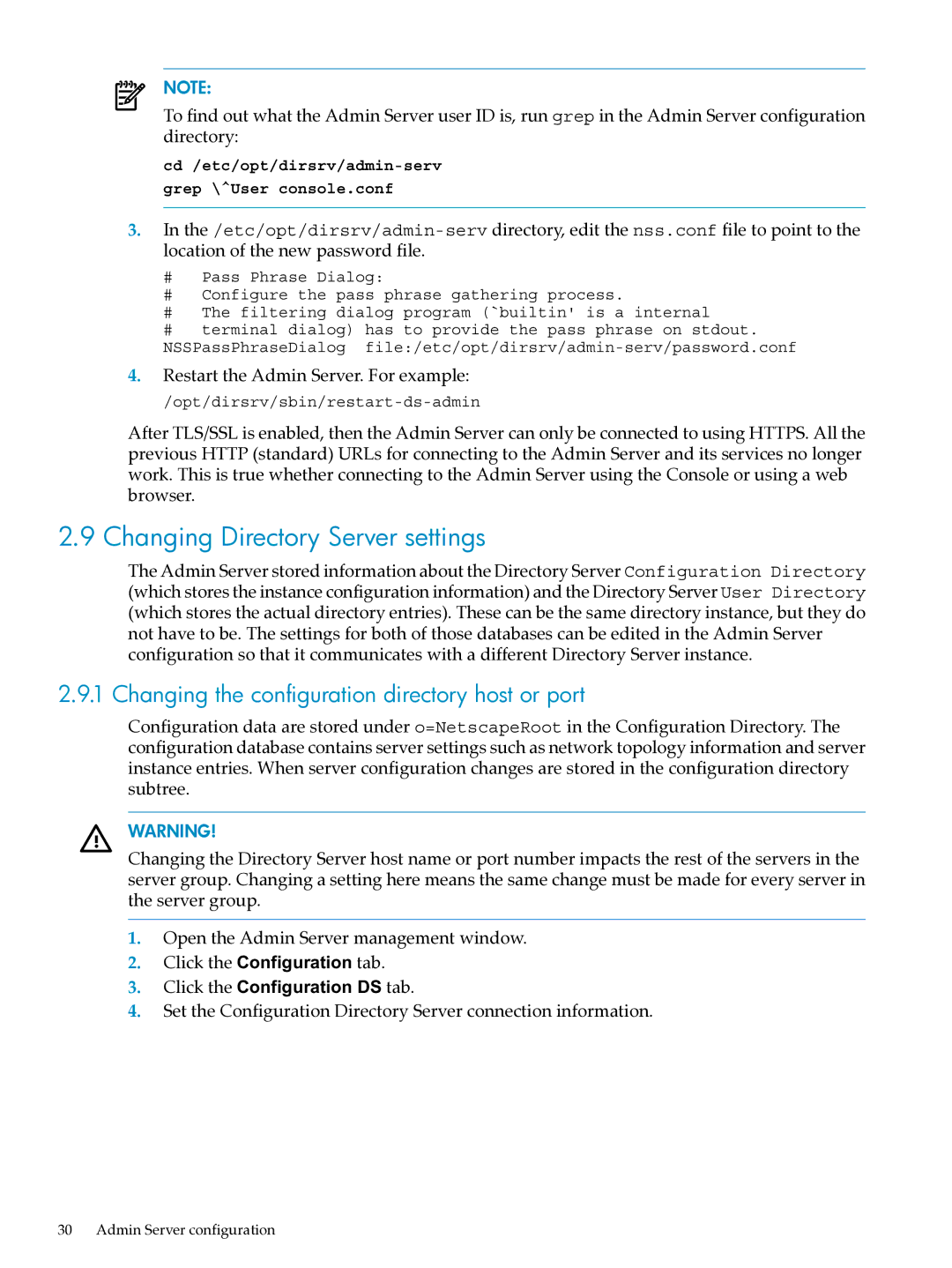 HP UX Direry Server manual Changing Directory Server settings, Changing the configuration directory host or port 