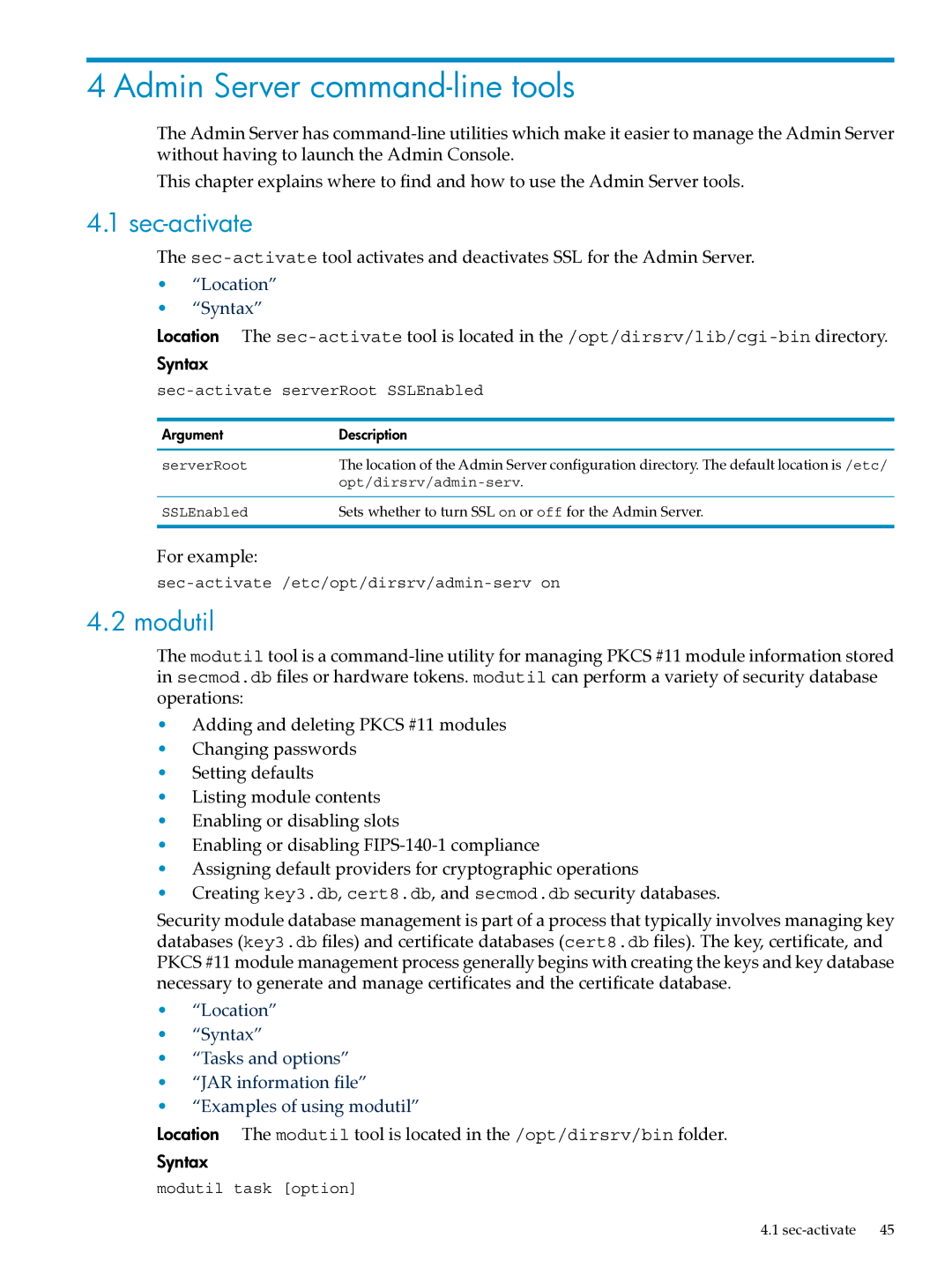 HP UX Direry Server manual Admin Server command-line tools, Sec-activate, Modutil 