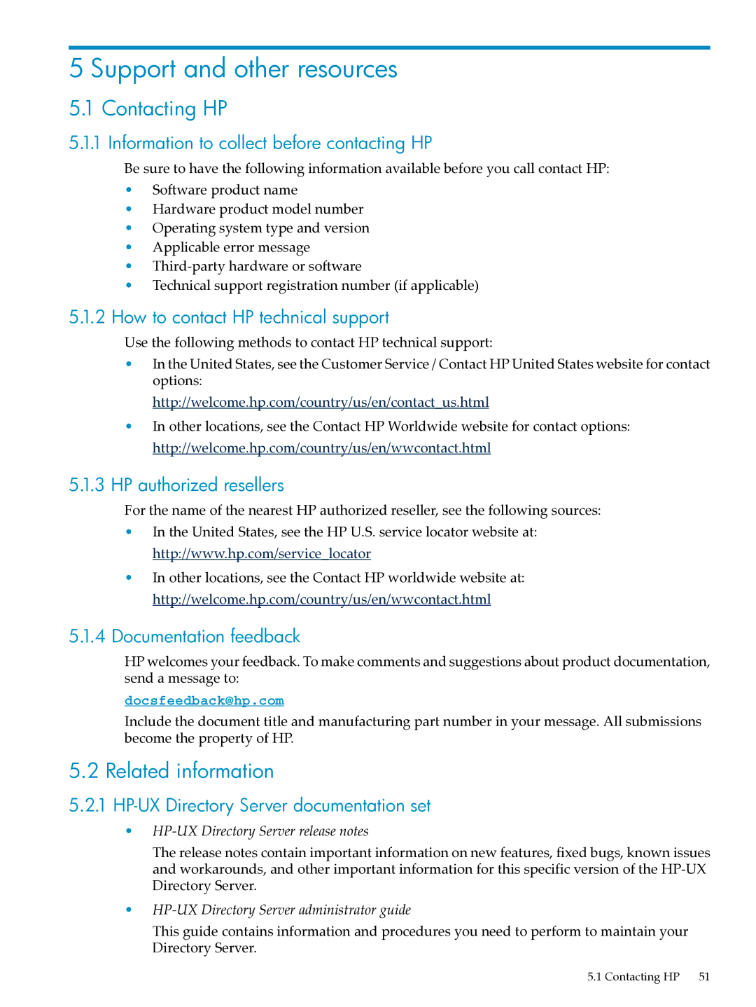 HP UX Direry Server manual Support and other resources, Contacting HP, Related information 