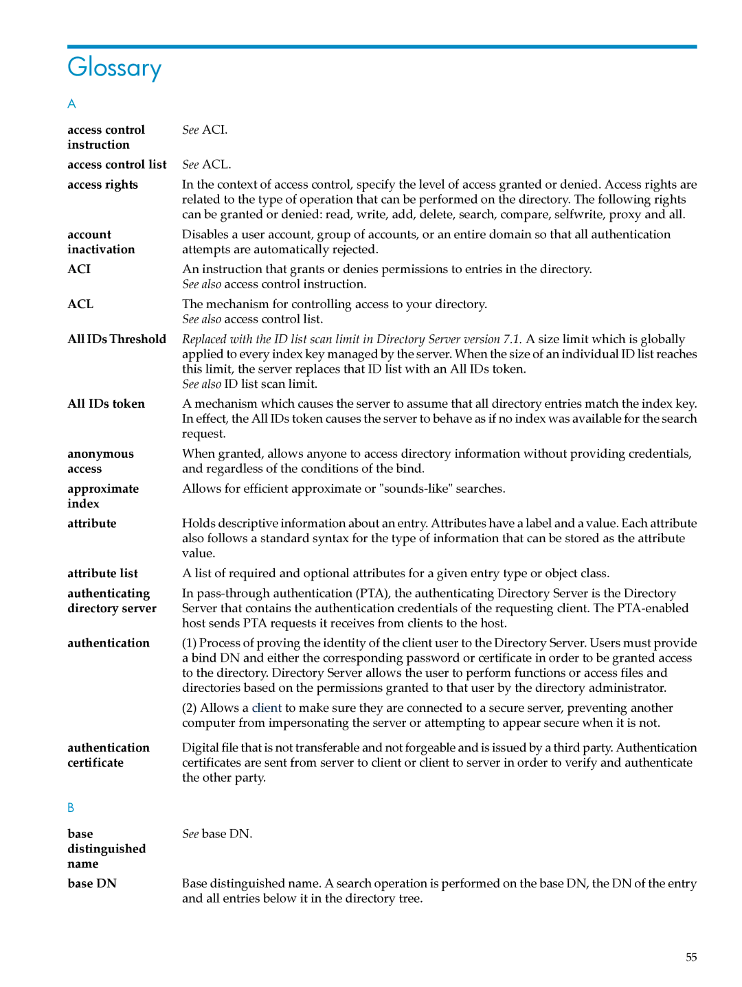 HP UX Direry Server manual Glossary, Access rights 