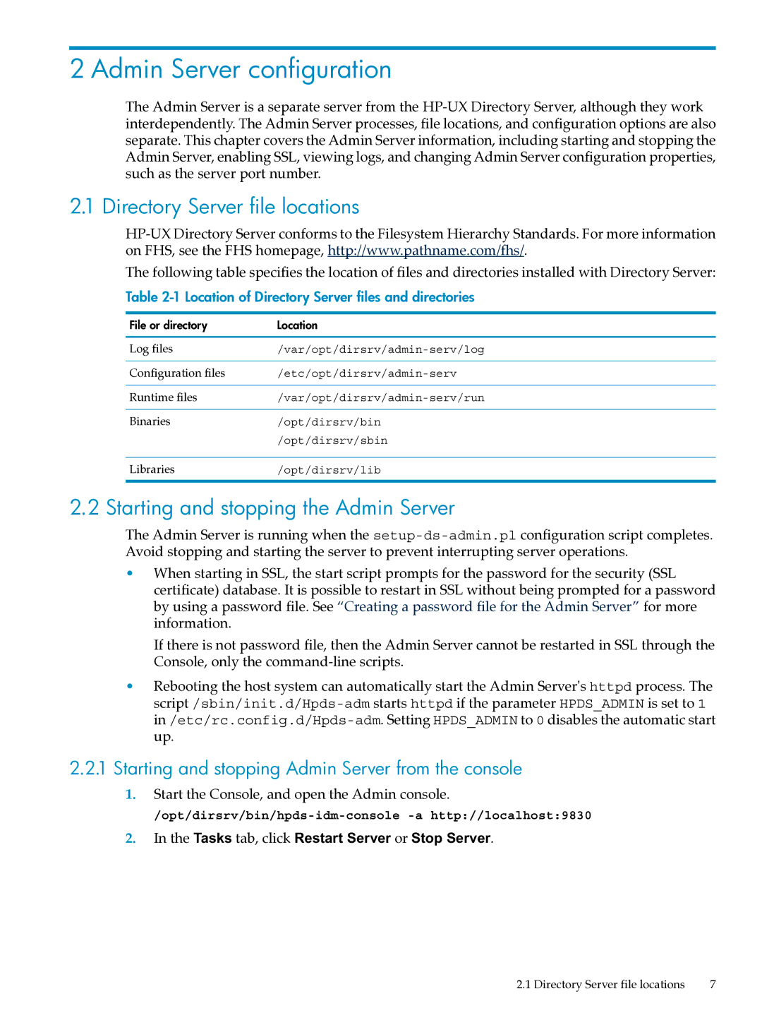 HP UX Direry Server Admin Server configuration, Directory Server file locations, Starting and stopping the Admin Server 