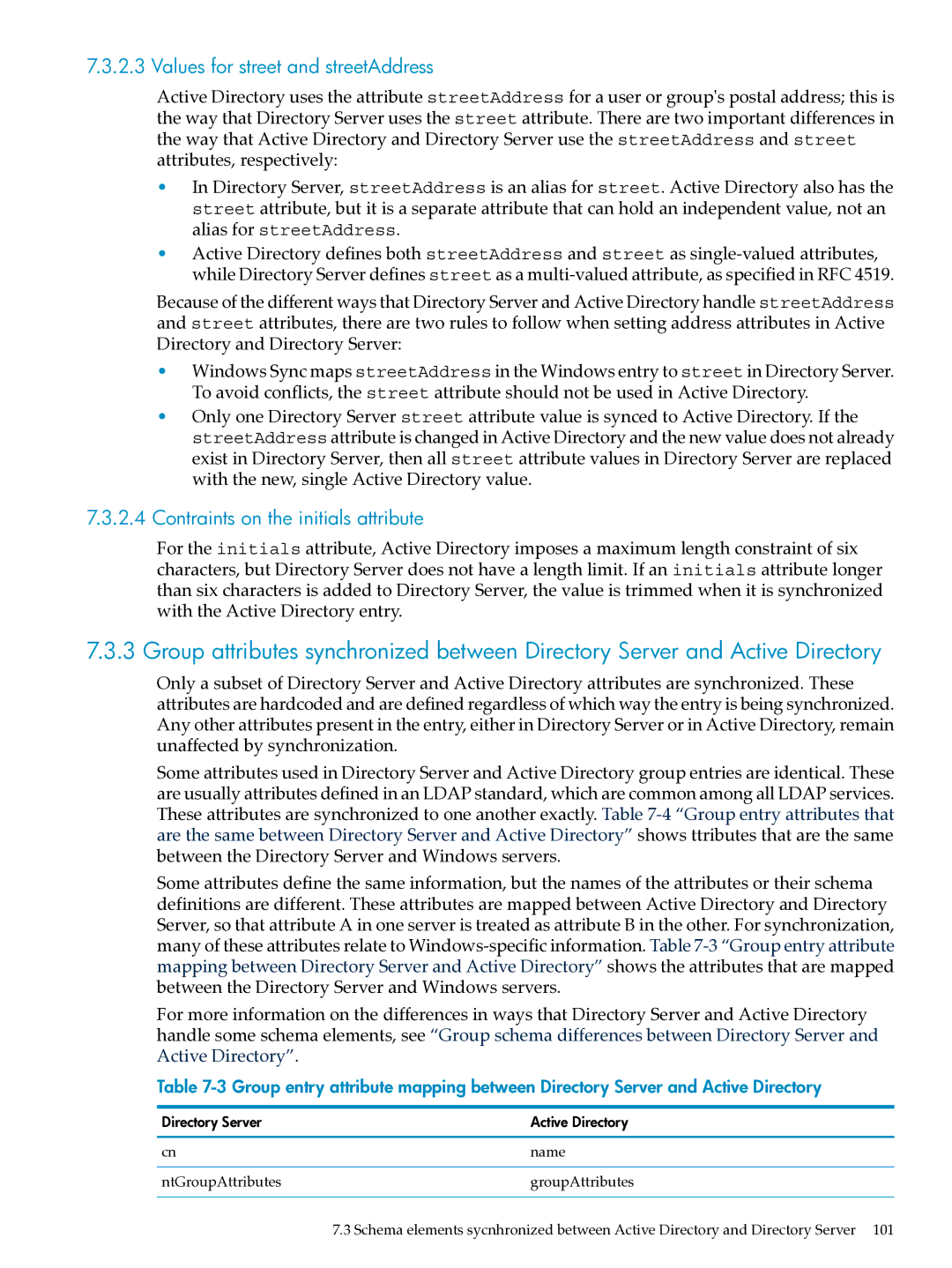 HP UX Direry Server manual Values for street and streetAddress, Contraints on the initials attribute 