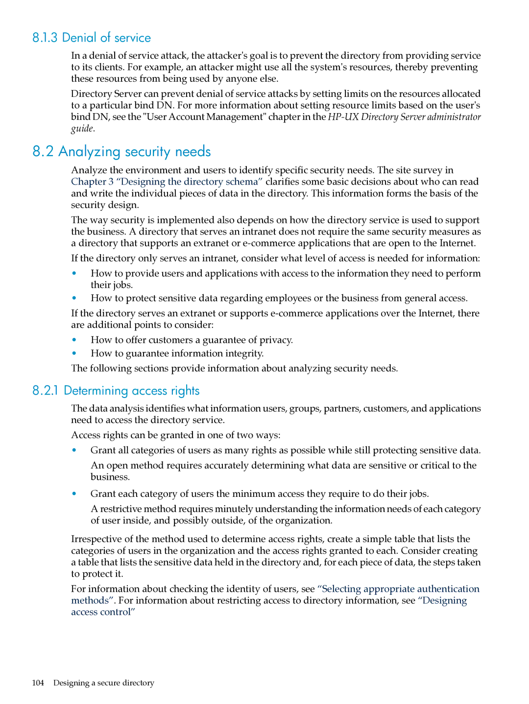 HP UX Direry Server manual Analyzing security needs, Denial of service, Determining access rights 