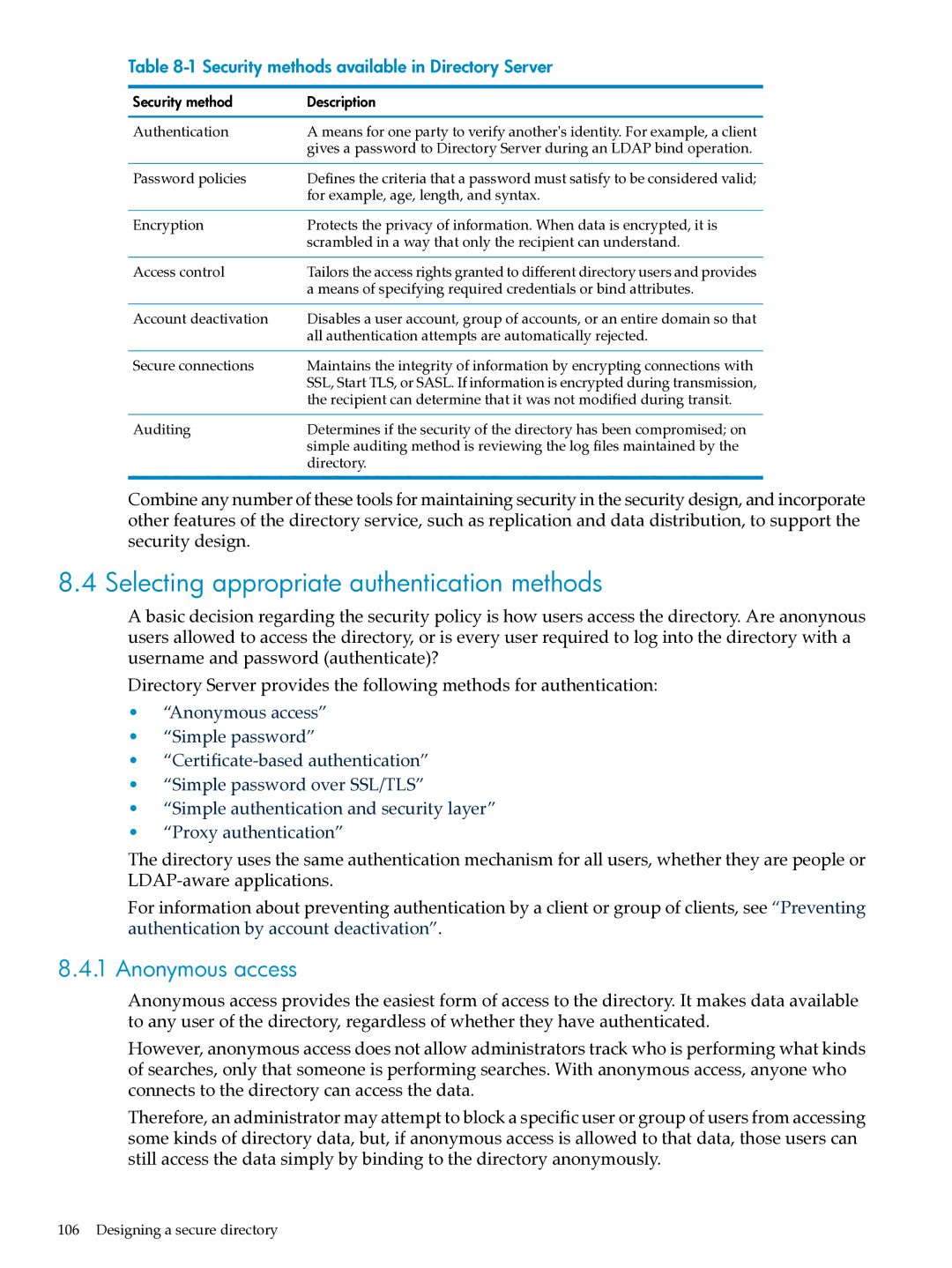 HP UX Direry Server manual Selecting appropriate authentication methods, Anonymous access 