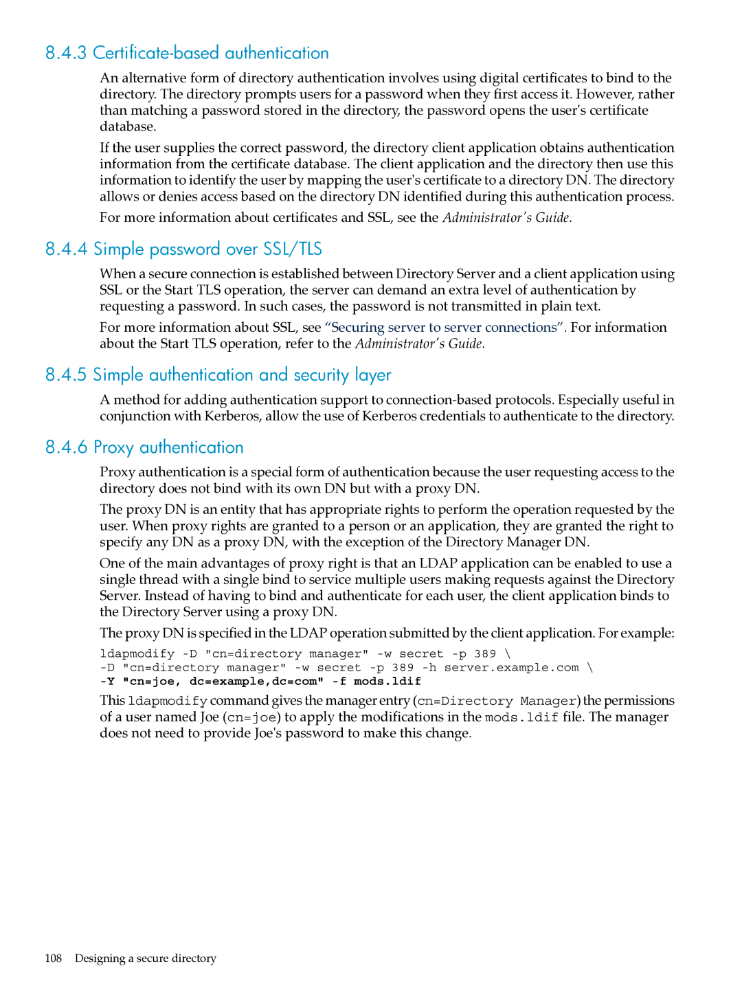 HP UX Direry Server manual Certificate-based authentication, Simple password over SSL/TLS, Proxy authentication 