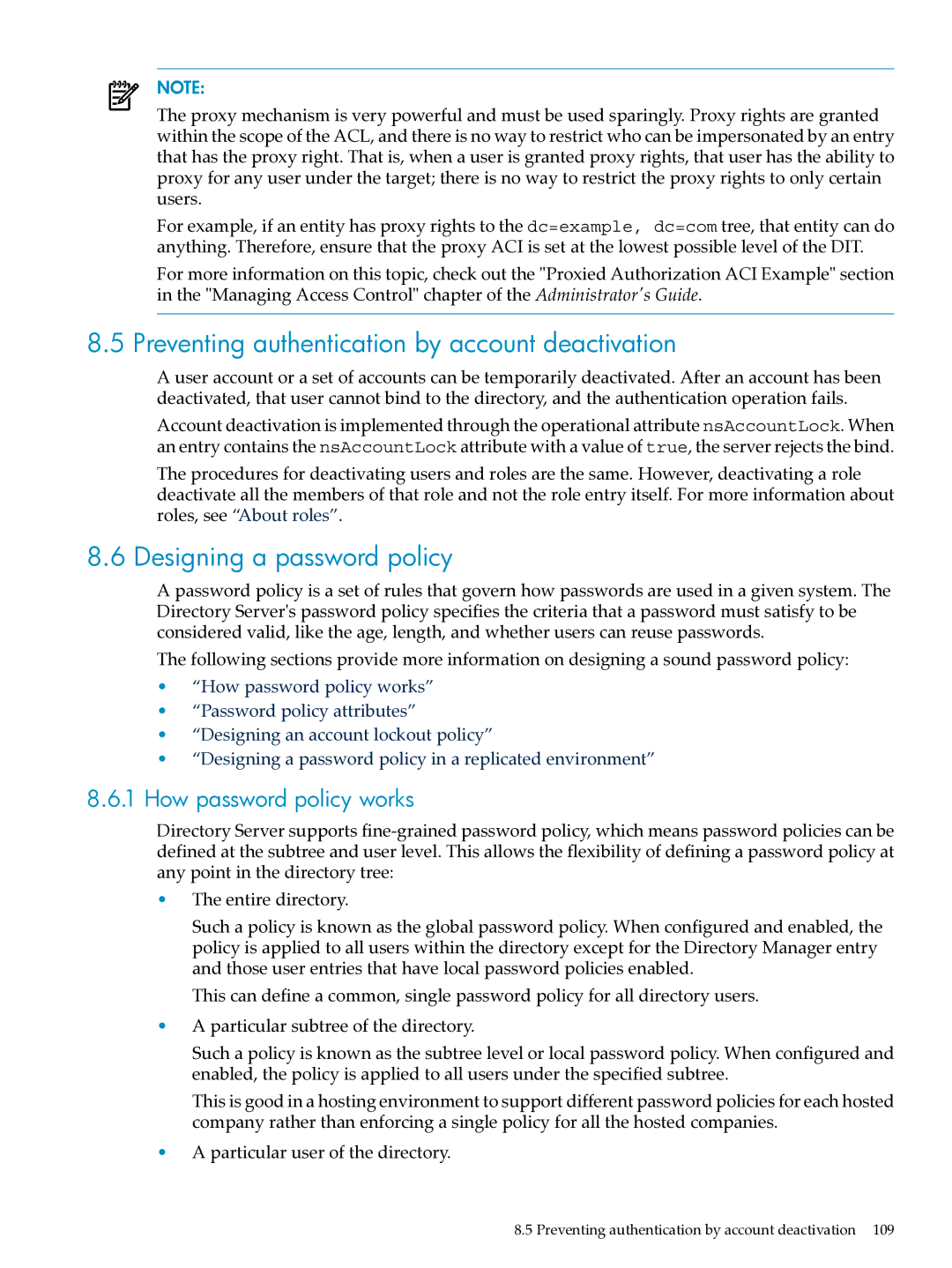 HP UX Direry Server manual Preventing authentication by account deactivation, Designing a password policy 