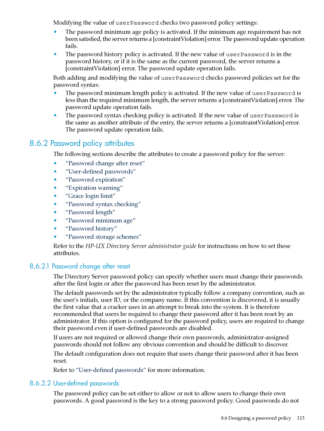 HP UX Direry Server manual Password policy attributes, Password change after reset, User-defined passwords 