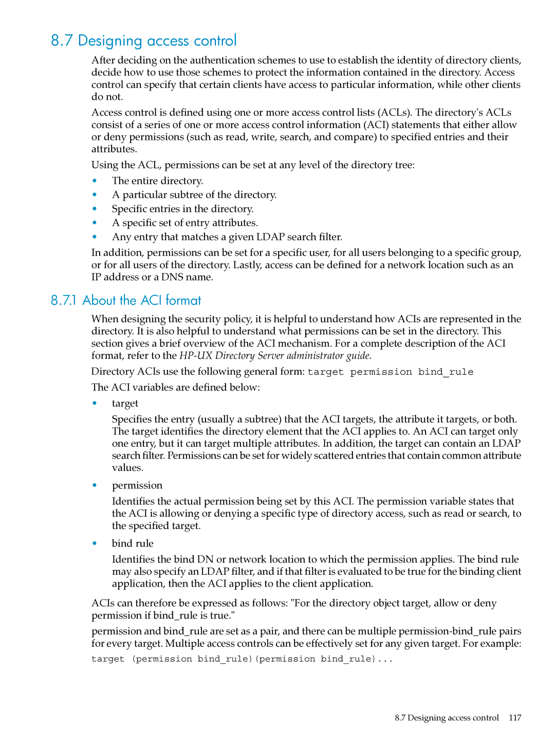 HP UX Direry Server manual Designing access control, About the ACI format 