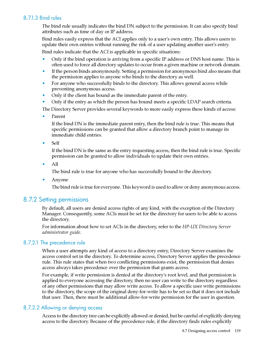 HP UX Direry Server manual Setting permissions, Bind rules, Precedence rule, Allowing or denying access 